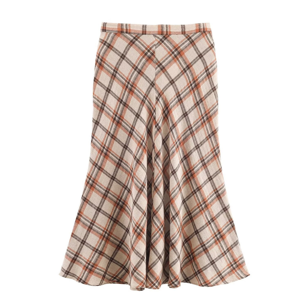 Iris | Plaid Midi Skirt Cream Brown High Waisted