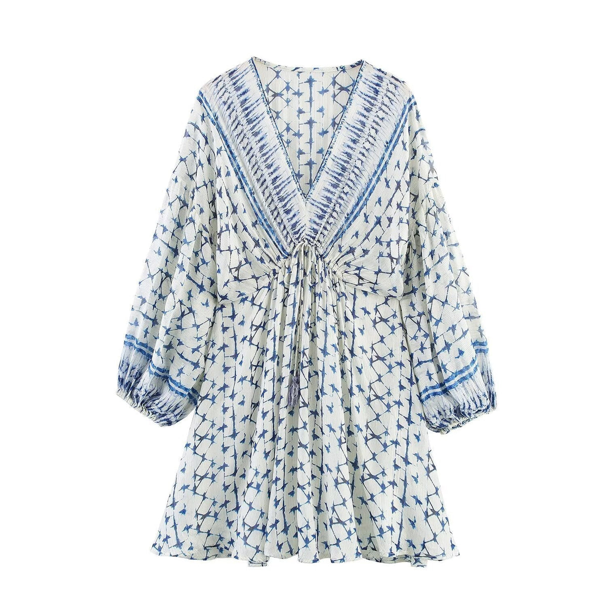 Lux | Boho Puff Sleeve Floral Print Midi Dress Cream Blue