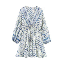 Lux | Boho Puff Sleeve Floral Print Midi Dress Cream Blue