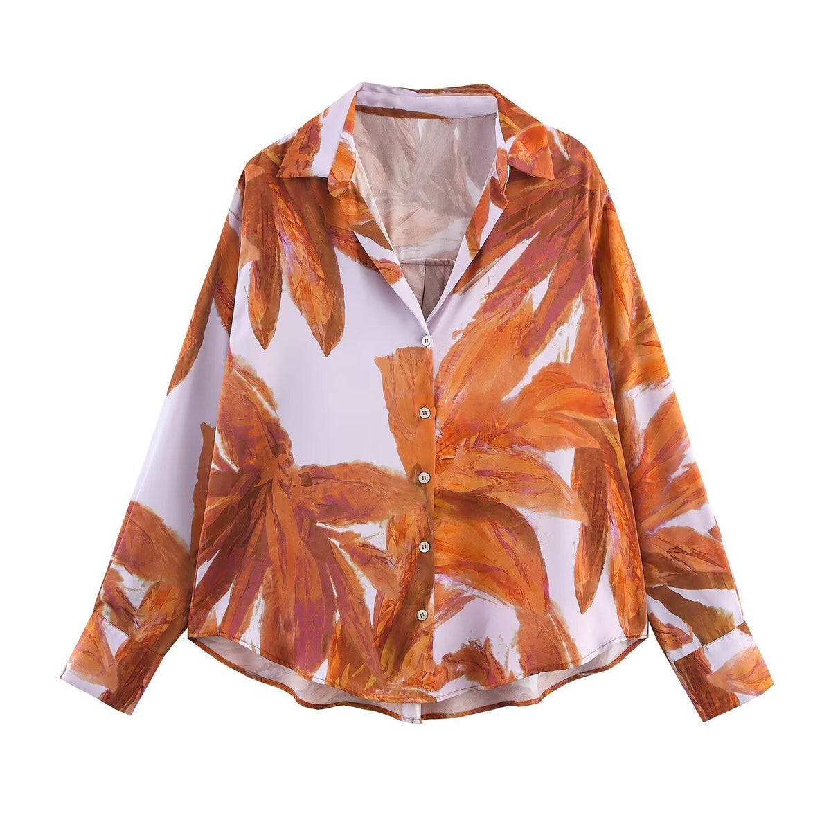Vera | Floral Button Down Shirt Cream Orange Long Sleeve