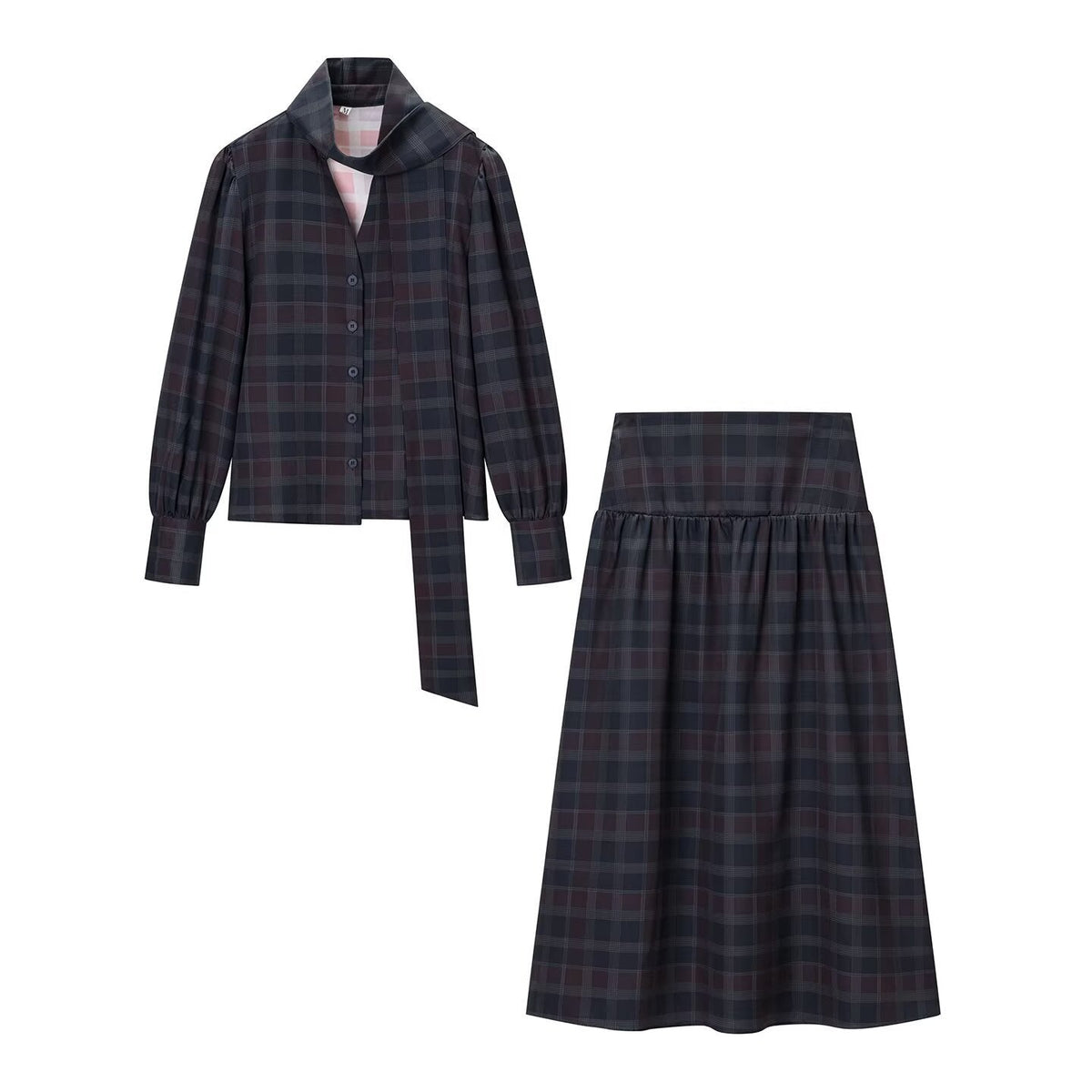 Viola | Plaid Shirt And Skirt Set Black Two Piece