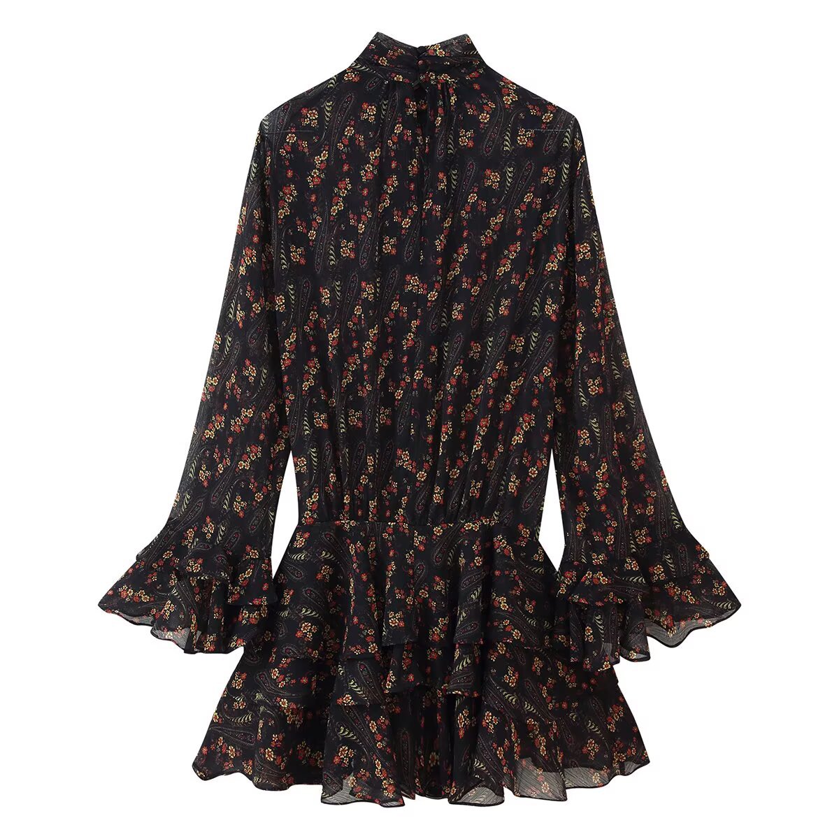 Briar | Vintage Floral Ruffle Dress Black Long Sleeve