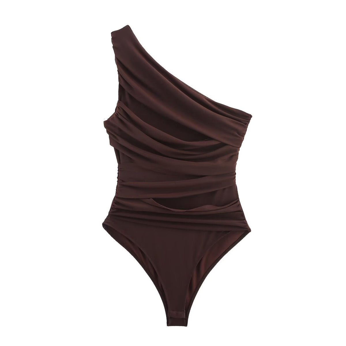 Vera | One Shoulder Draped Bodysuit Brown Ruched