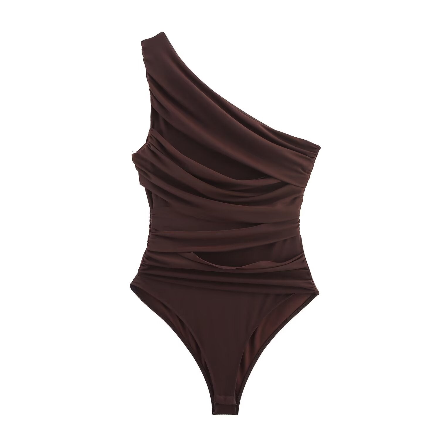 Vera | One Shoulder Draped Bodysuit Brown Ruched
