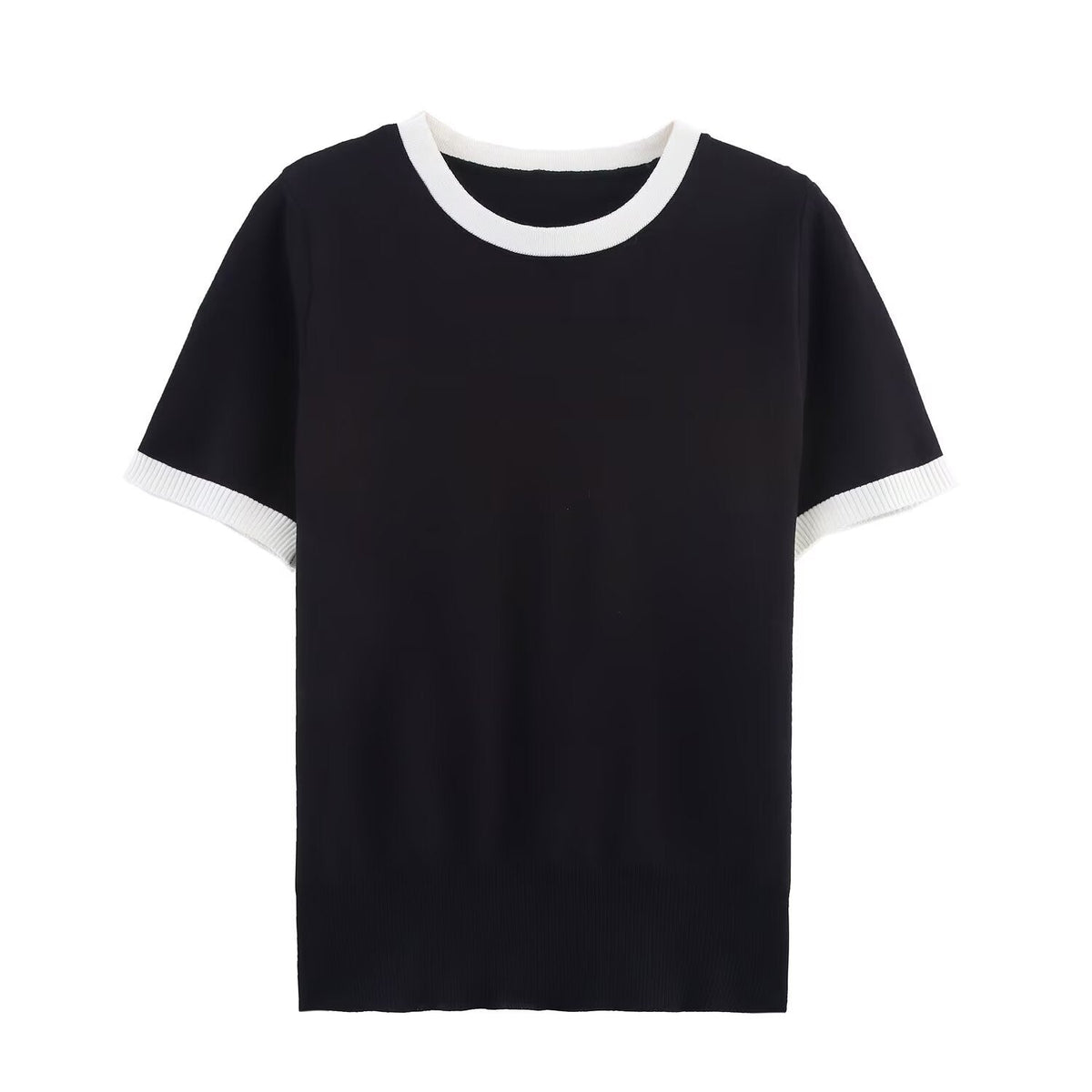 Vera | Crew Neck Knit Top Gray Black Trim Short Sleeve