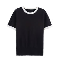 Vera | Crew Neck Knit Top Gray Black Trim Short Sleeve