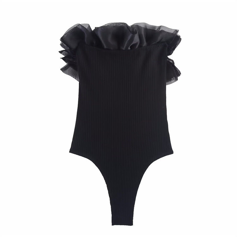 Vera | Ruffle Off Shoulder Bodysuit Black Ribbed Knit