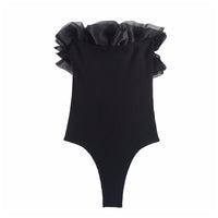 Vera | Ruffle Off Shoulder Bodysuit Black Ribbed Knit