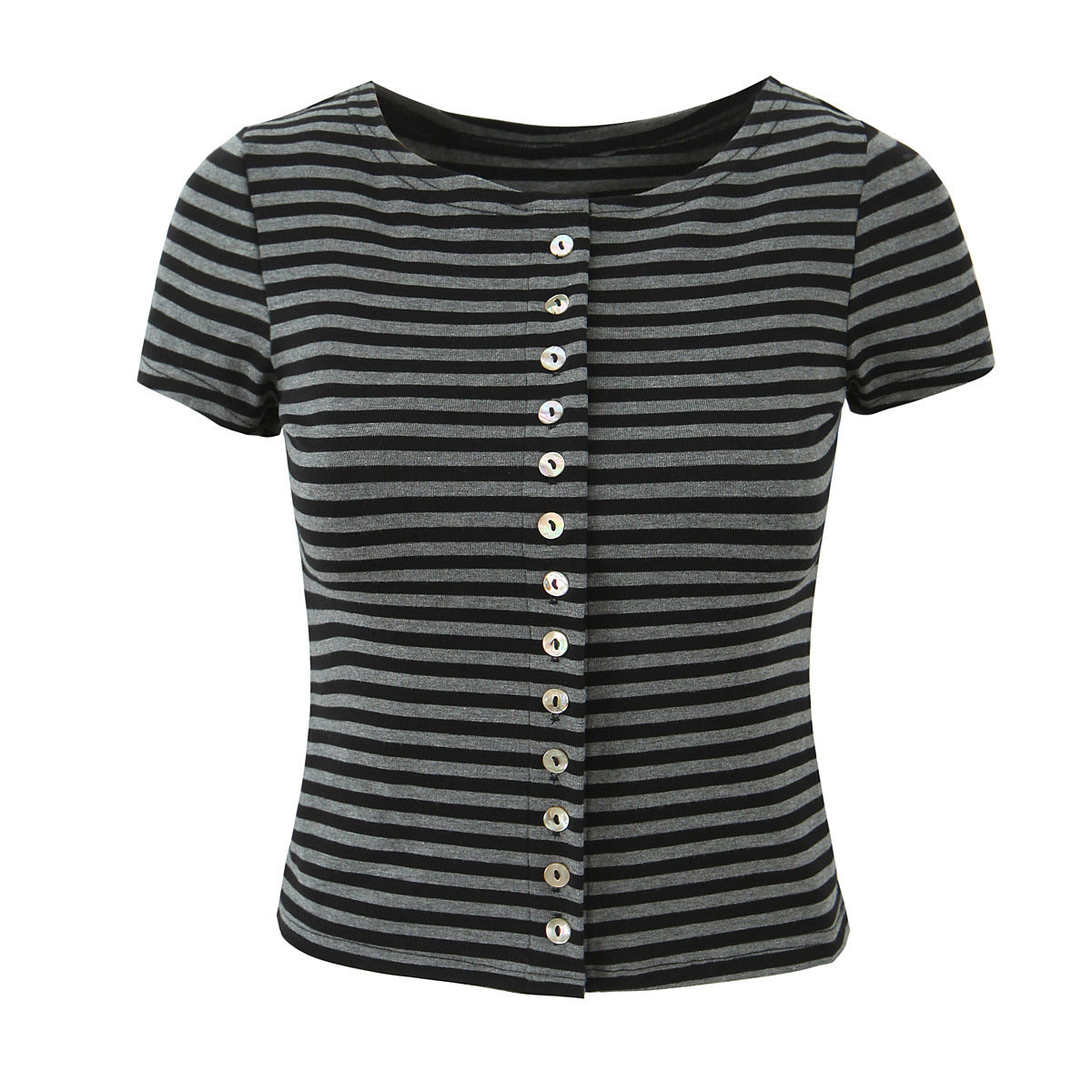 Neve | Striped Two Piece Set Gray Black Button Front Short Sleeve