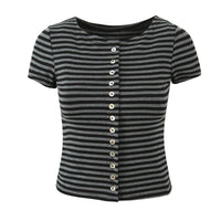 Neve | Striped Two Piece Set Gray Black Button Front Short Sleeve
