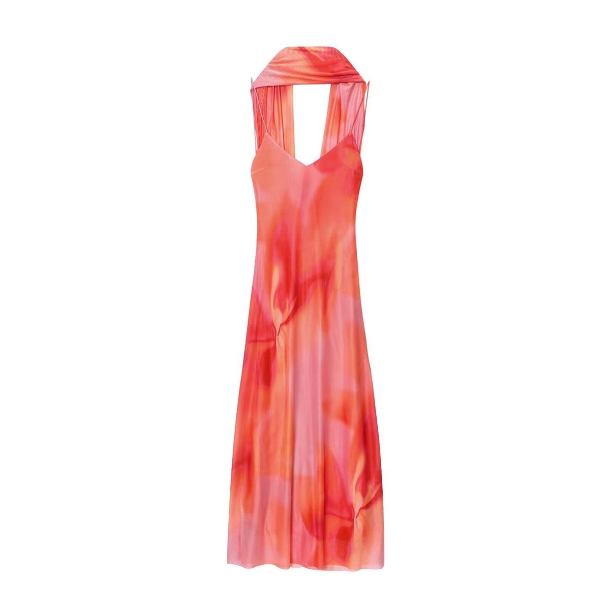 Lux | Halter Maxi Dress Red Orange Tie Dye Sheer