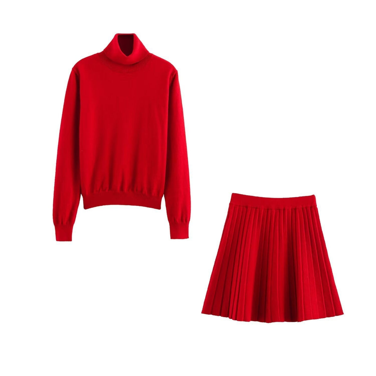 Luisa | Knit Pleated Skirt Set Red Turtleneck