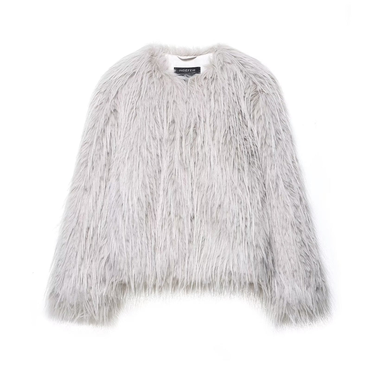 Vera | Faux Fur Jacket Gray Fluffy Crew Neck Short