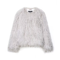 Vera | Faux Fur Jacket Gray Fluffy Crew Neck Short