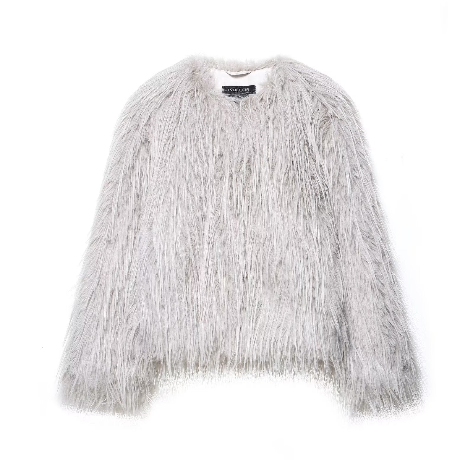 Vera | Faux Fur Jacket Gray Fluffy Crew Neck Short