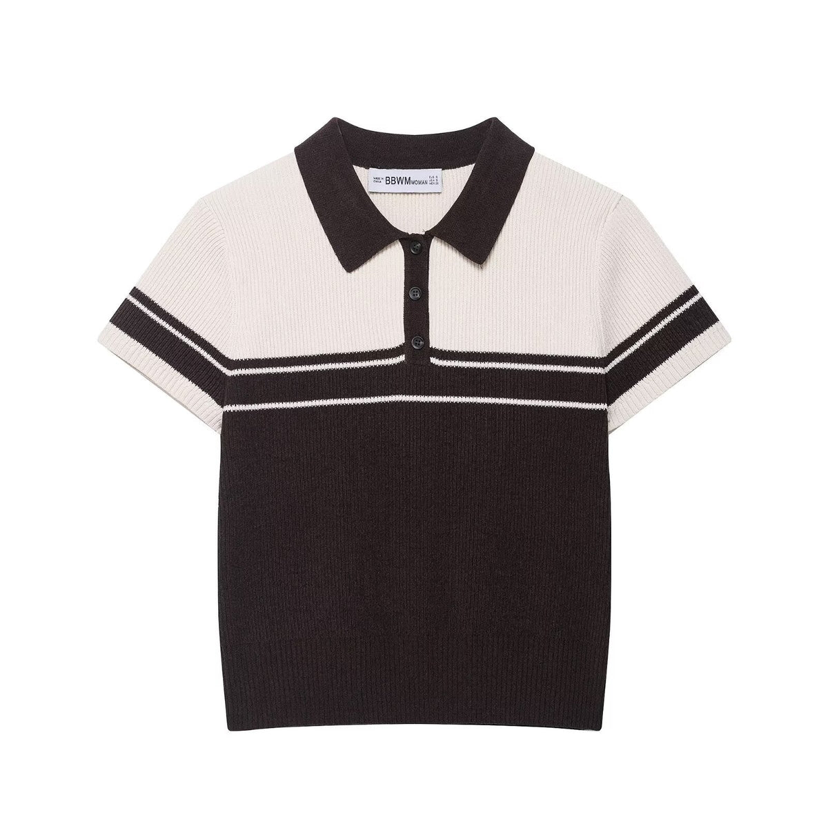 Isla | Ribbed Knit Polo Top Cream Black Stripe Short Sleeve