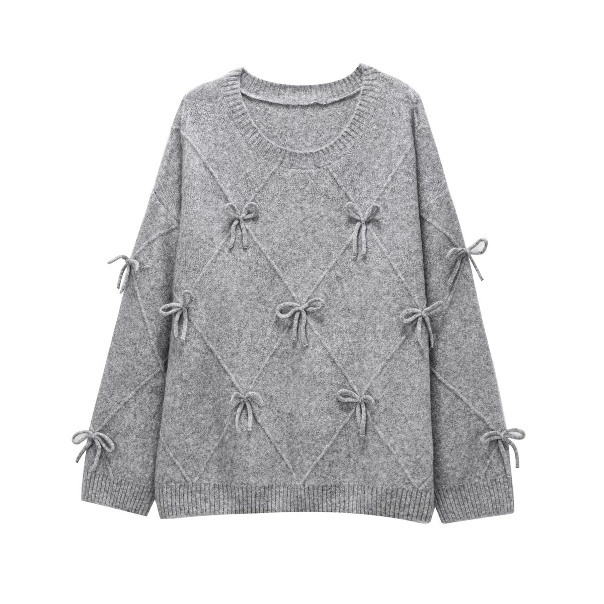 Alma | Bow Detail Knit Sweater Gray Crew Neck