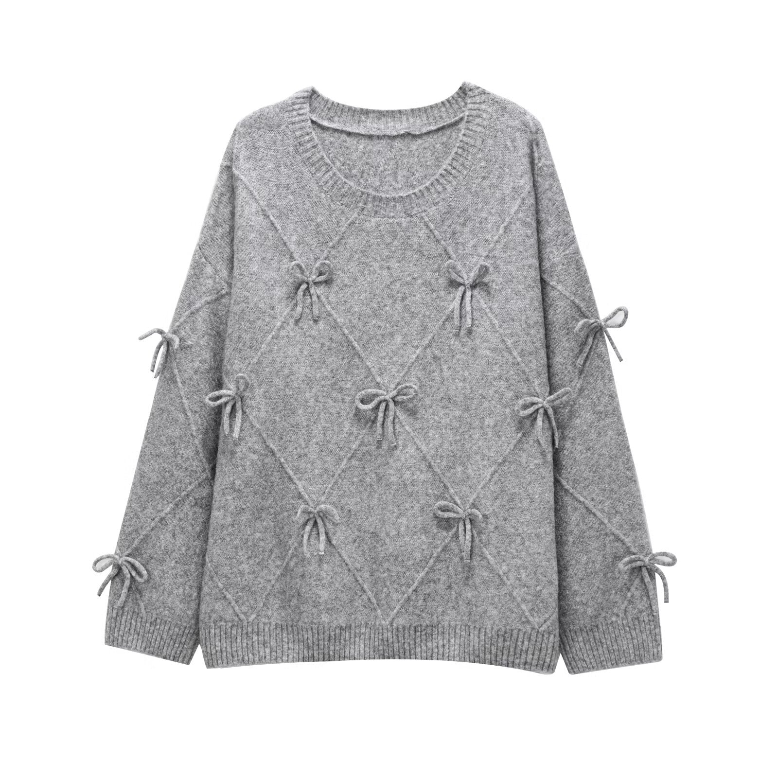 Alma | Bow Detail Knit Sweater Gray Crew Neck