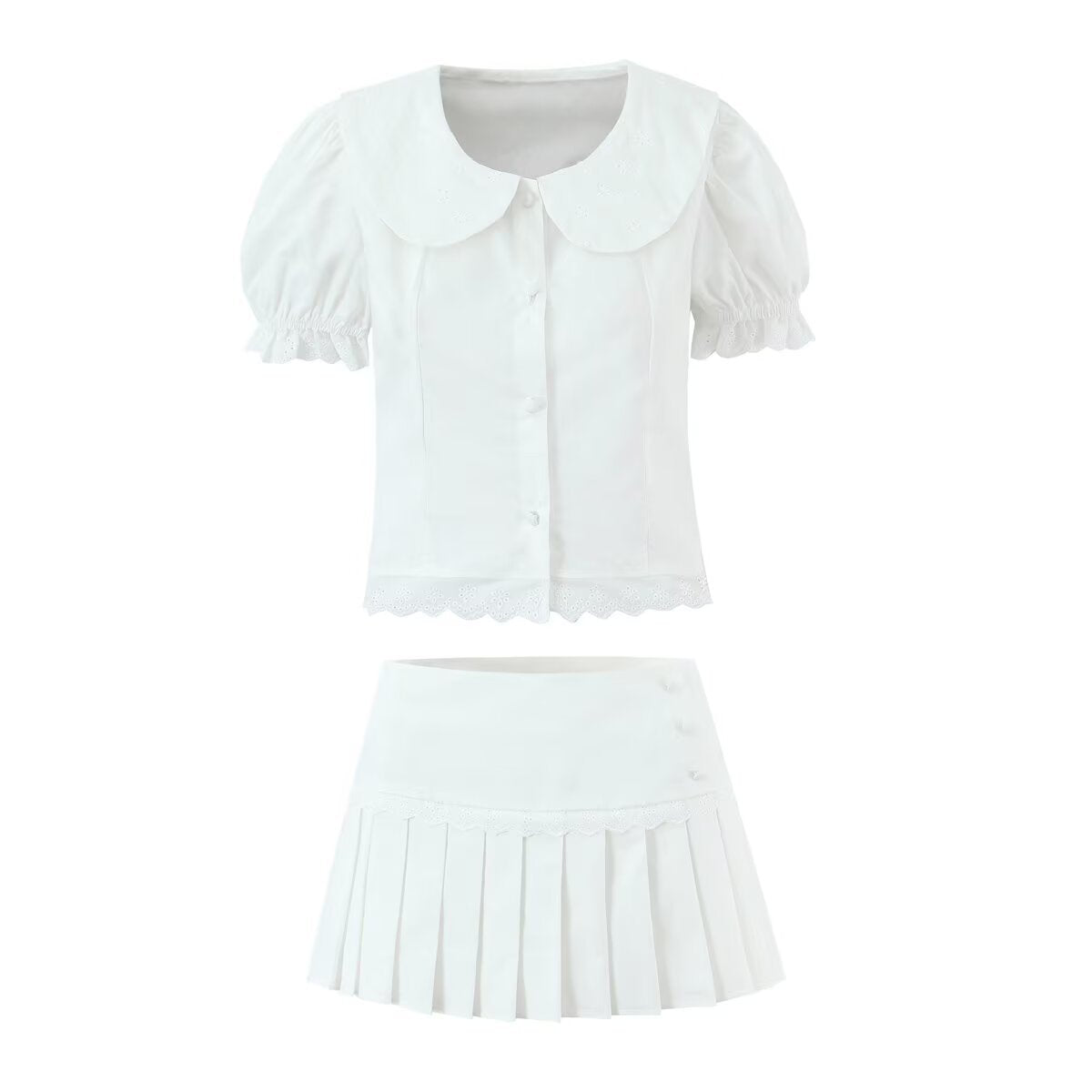 Neve | Puff Sleeve Button Up Blouse Pleated Skirt Set Cream