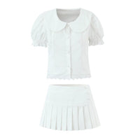 Neve | Puff Sleeve Button Up Blouse Pleated Skirt Set Cream
