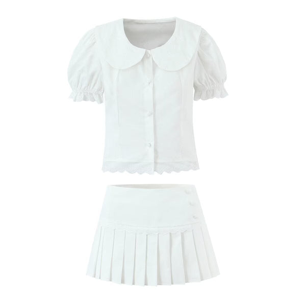 Neve | Puff Sleeve Button Up Blouse Pleated Skirt Set Cream