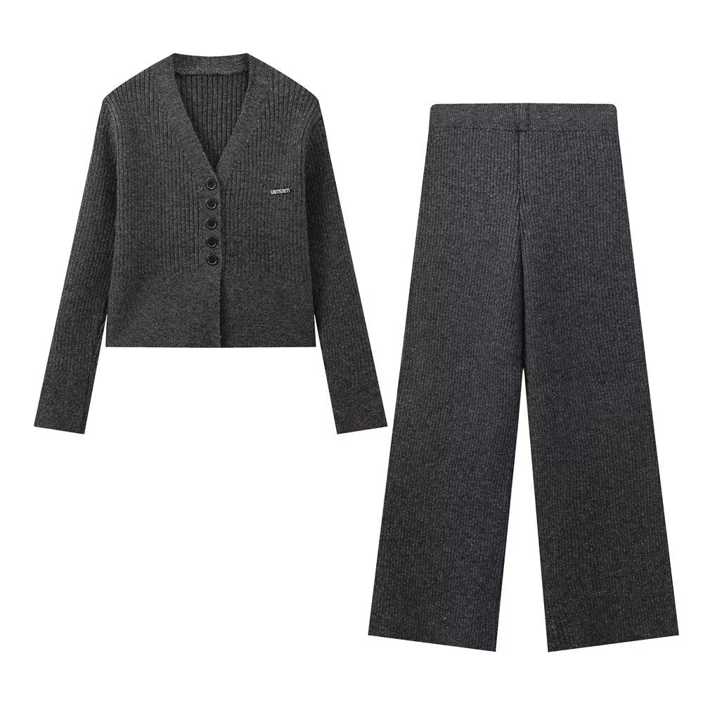 Vera | Knit Set Gray Button Front Wide Leg Pants