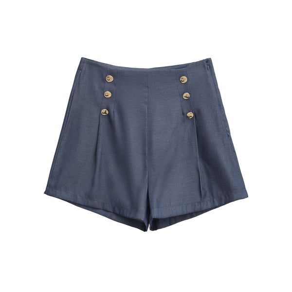 Vera | Pleated Button Shorts Navy Blue
