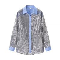 Elodie | Sequin Button Up Blouse Silver Long Sleeve Striped