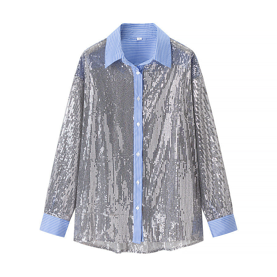 Elodie | Sequin Button Up Blouse Silver Long Sleeve Striped
