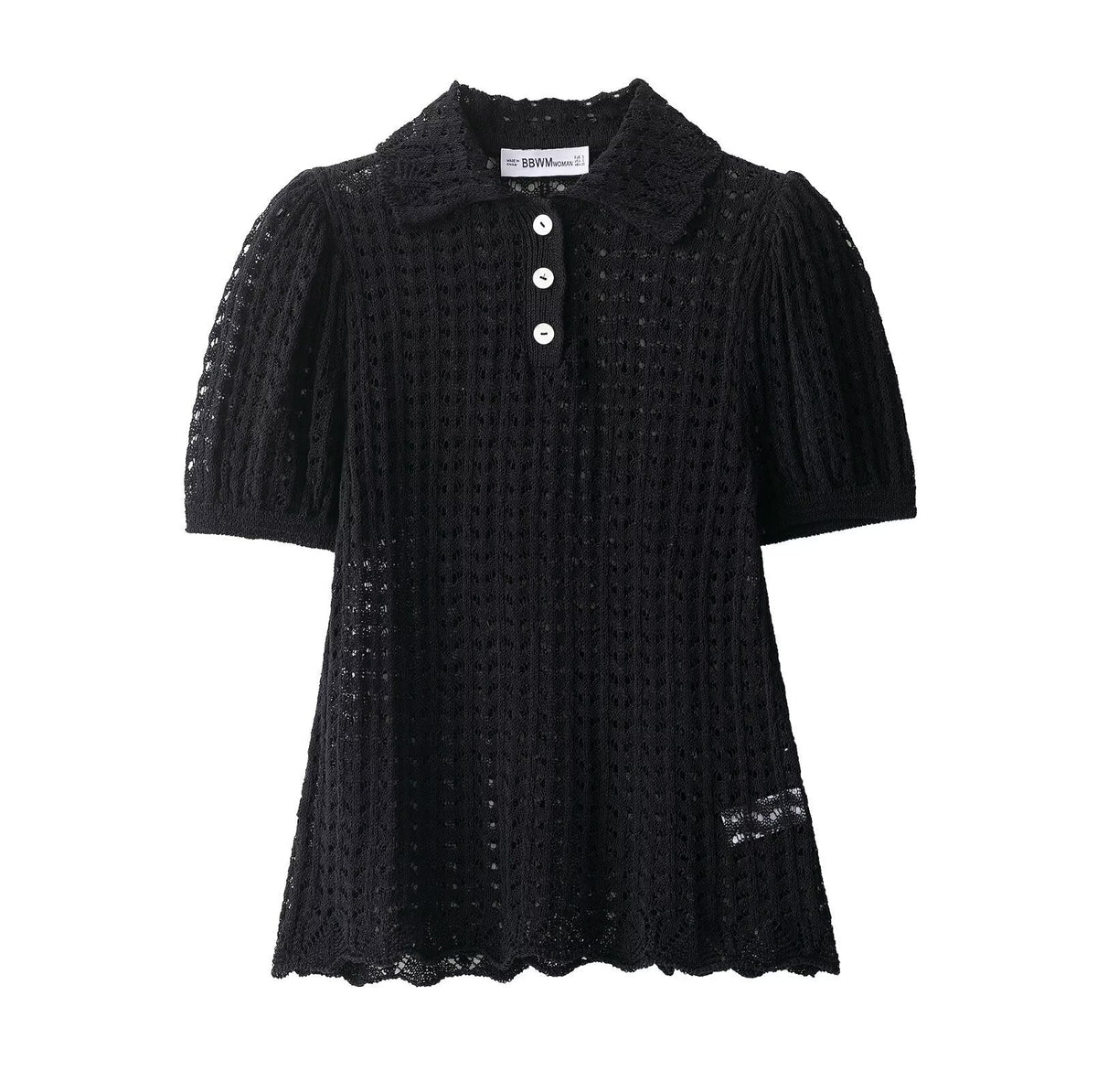 Opal | Crochet Knit Polo Top Black Puff Sleeve