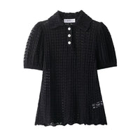 Opal | Crochet Knit Polo Top Black Puff Sleeve