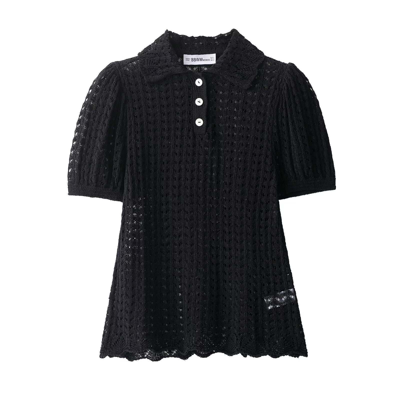 Opal | Crochet Knit Polo Top Black Puff Sleeve