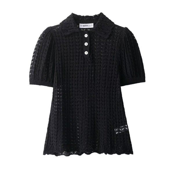 Opal | Crochet Knit Polo Top Black Puff Sleeve