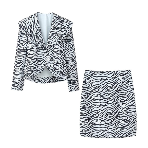 Vera | Zebra Stripe Blazer Skirt Set Black White