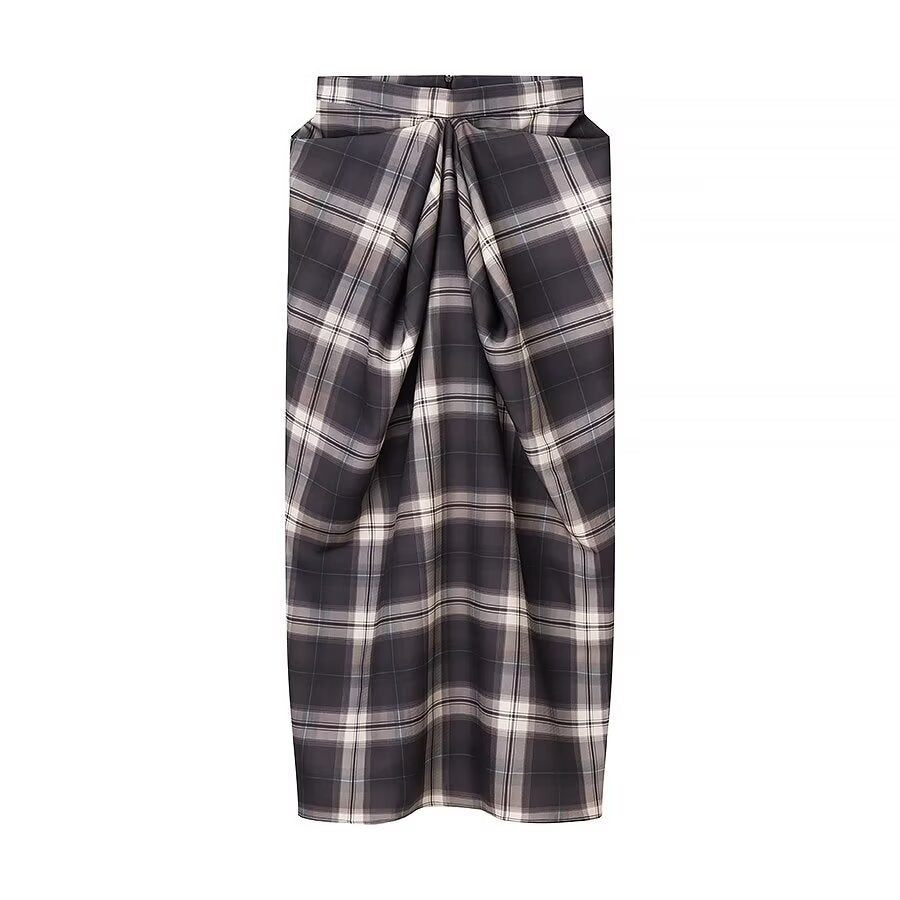Orin | Plaid Midi Skirt Gray White Tie Front
