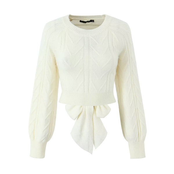 Neve | Cropped Cable Knit Sweater Cream Tie Back