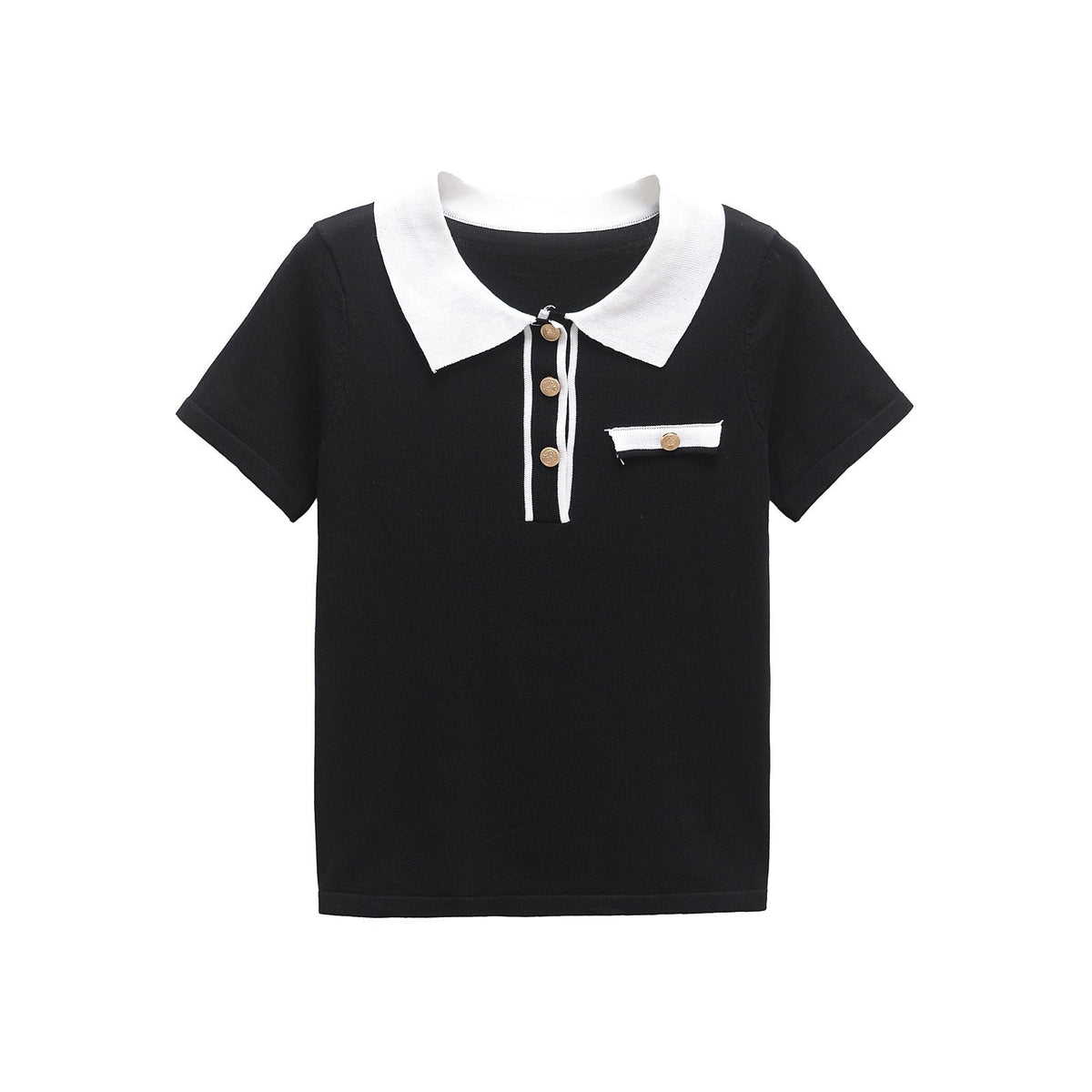 Aria | Preppy Collared Polo Top Black White Trim Button Detail