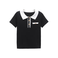 Aria | Preppy Collared Polo Top Black White Trim Button Detail