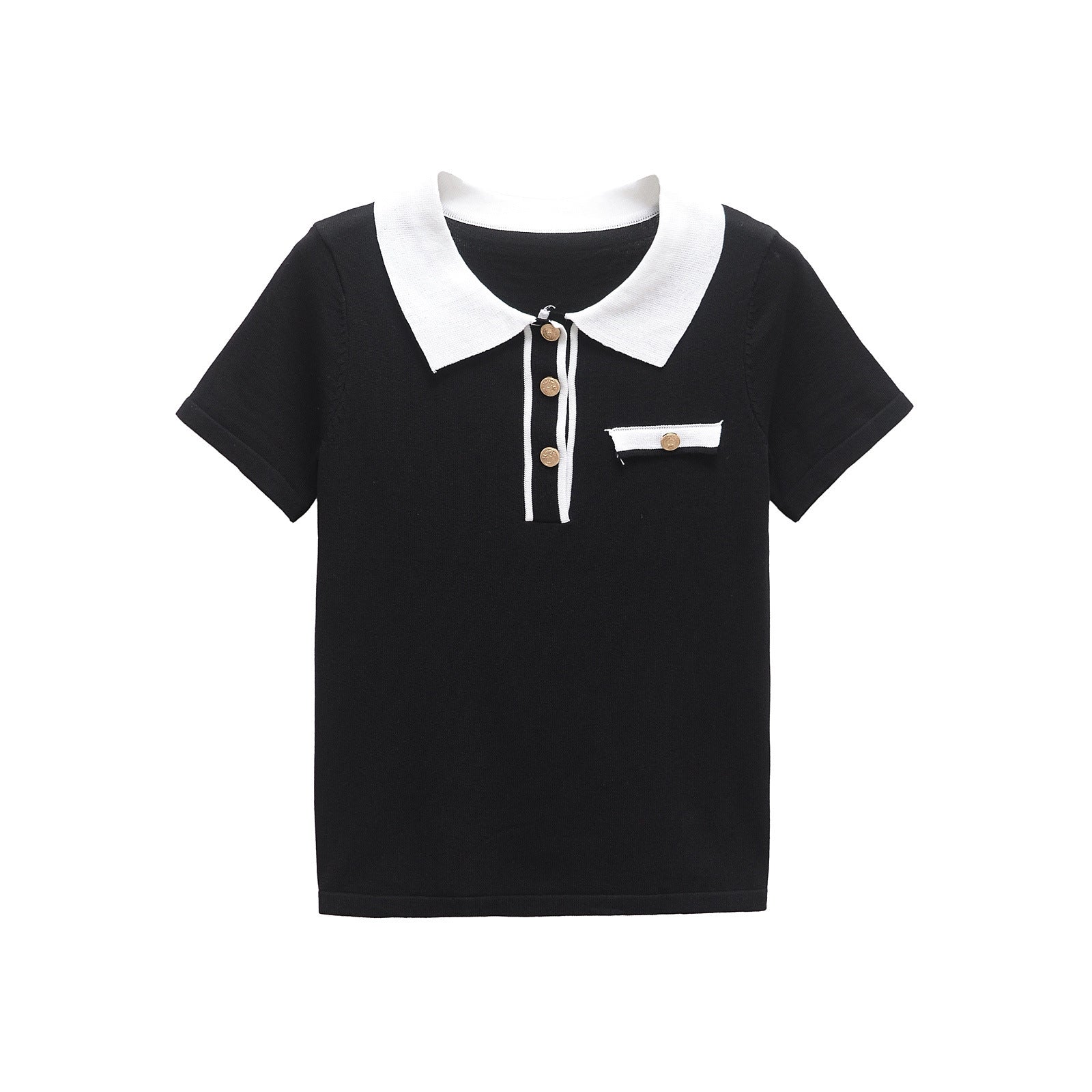 Aria | Preppy Collared Polo Top Black White Trim Button Detail