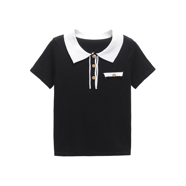 Aria | Preppy Collared Polo Top Black White Trim Button Detail