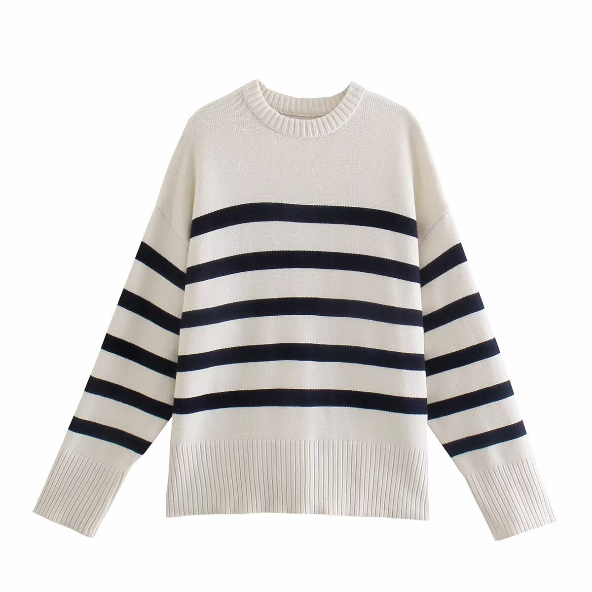 Neve | Striped Knit Sweater Black Cream Crew Neck