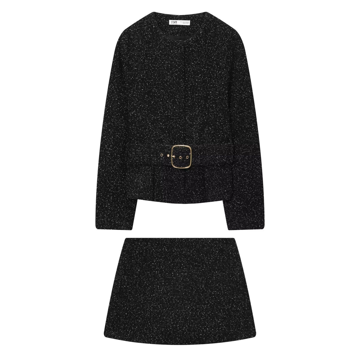 Iris | Matching Two Piece Set Belted Tweed Black Crew Neck