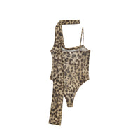 Faye | Leopard Print Bodysuit Cream Asymmetrical Strap
