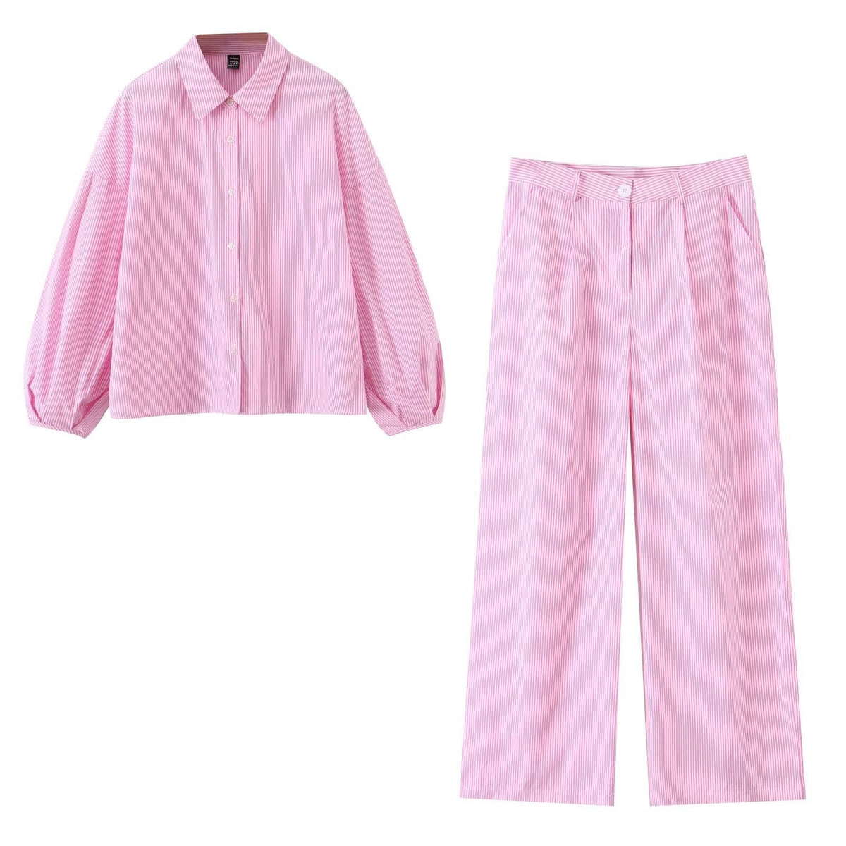 Luisa | Striped Shirt Pant Set Pink Puff Sleeve Wide Leg