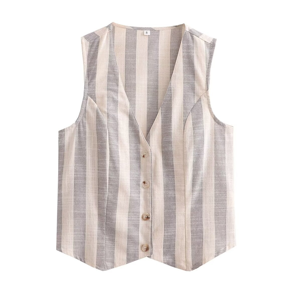 Vera | Striped Linen Vest Cream Beige Button Front