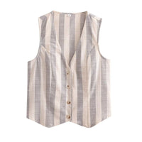 Vera | Striped Linen Vest Cream Beige Button Front