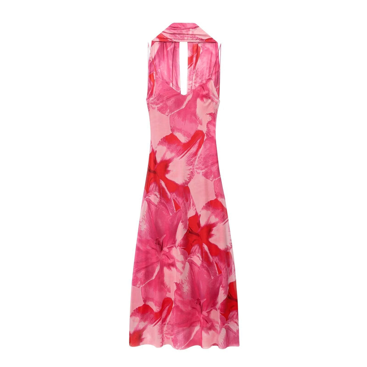 Lux | Halter Maxi Dress Red Orange Tie Dye Sheer