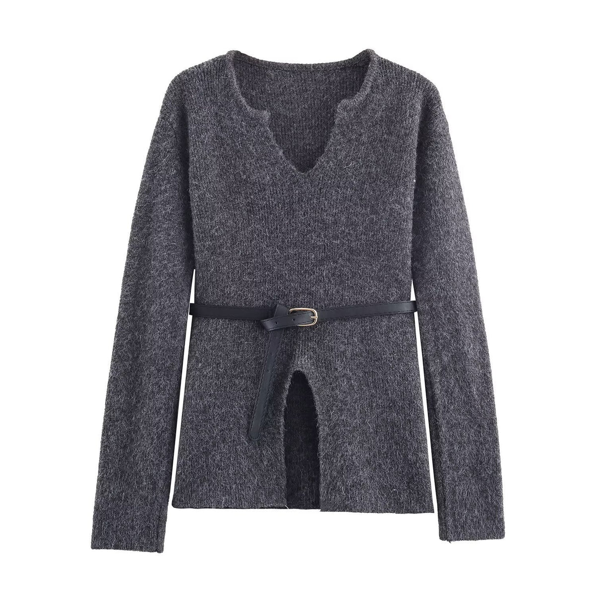 Vera | Knit Set Gray V Neck Belted Sweater A Line Skirt