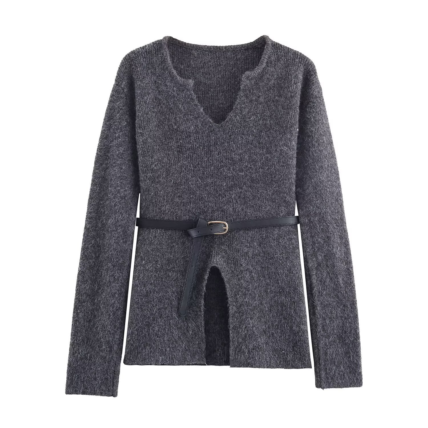 Vera | Knit Set Gray V Neck Belted Sweater A Line Skirt