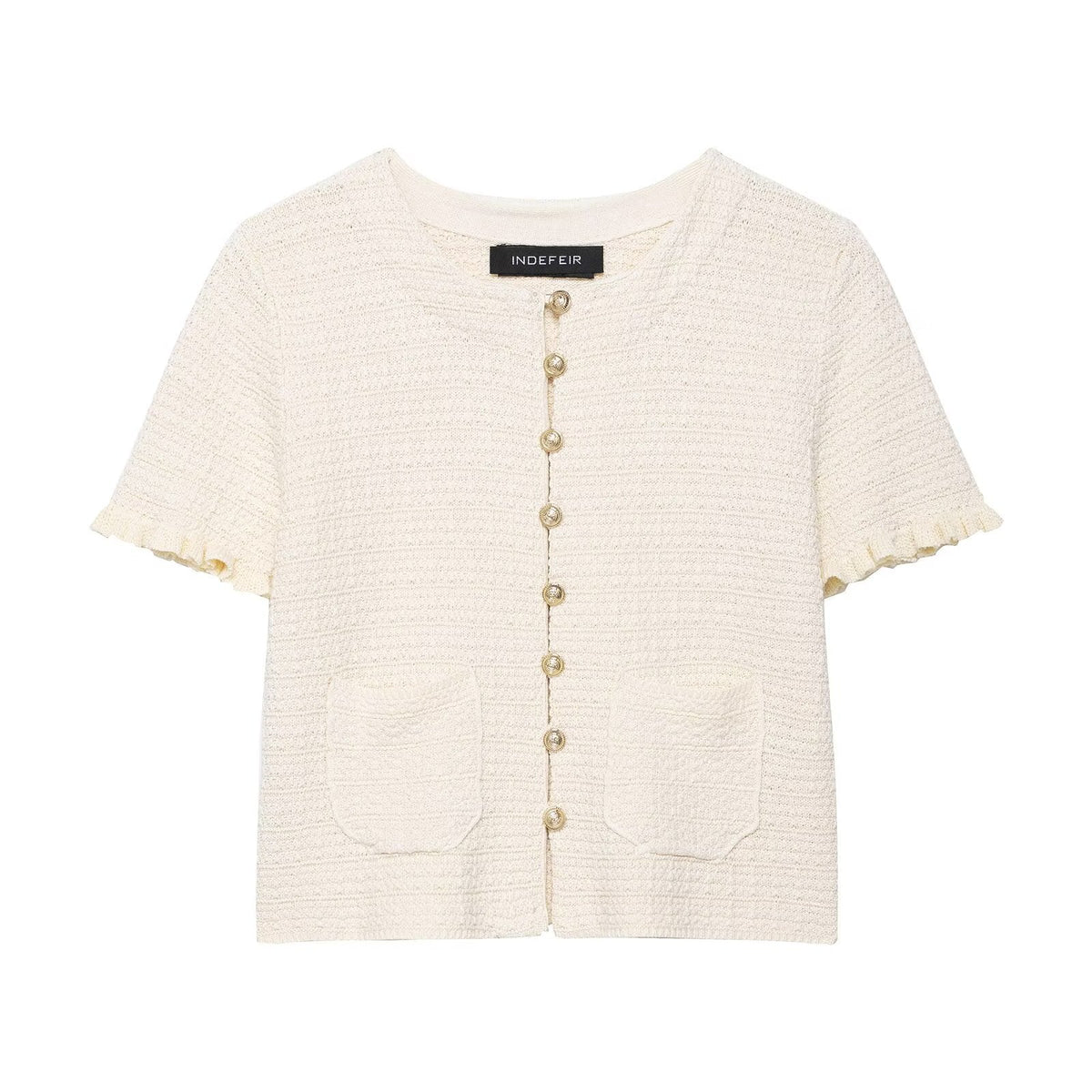 Thea | Short Sleeve Button Up Cardigan Cream Knit Pockets